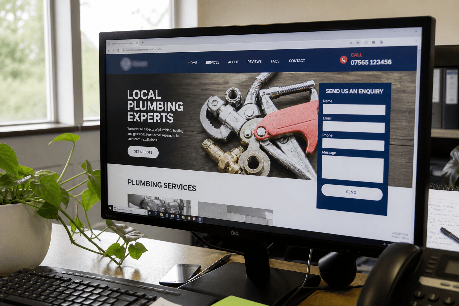 Desktop monitor showing a home services website