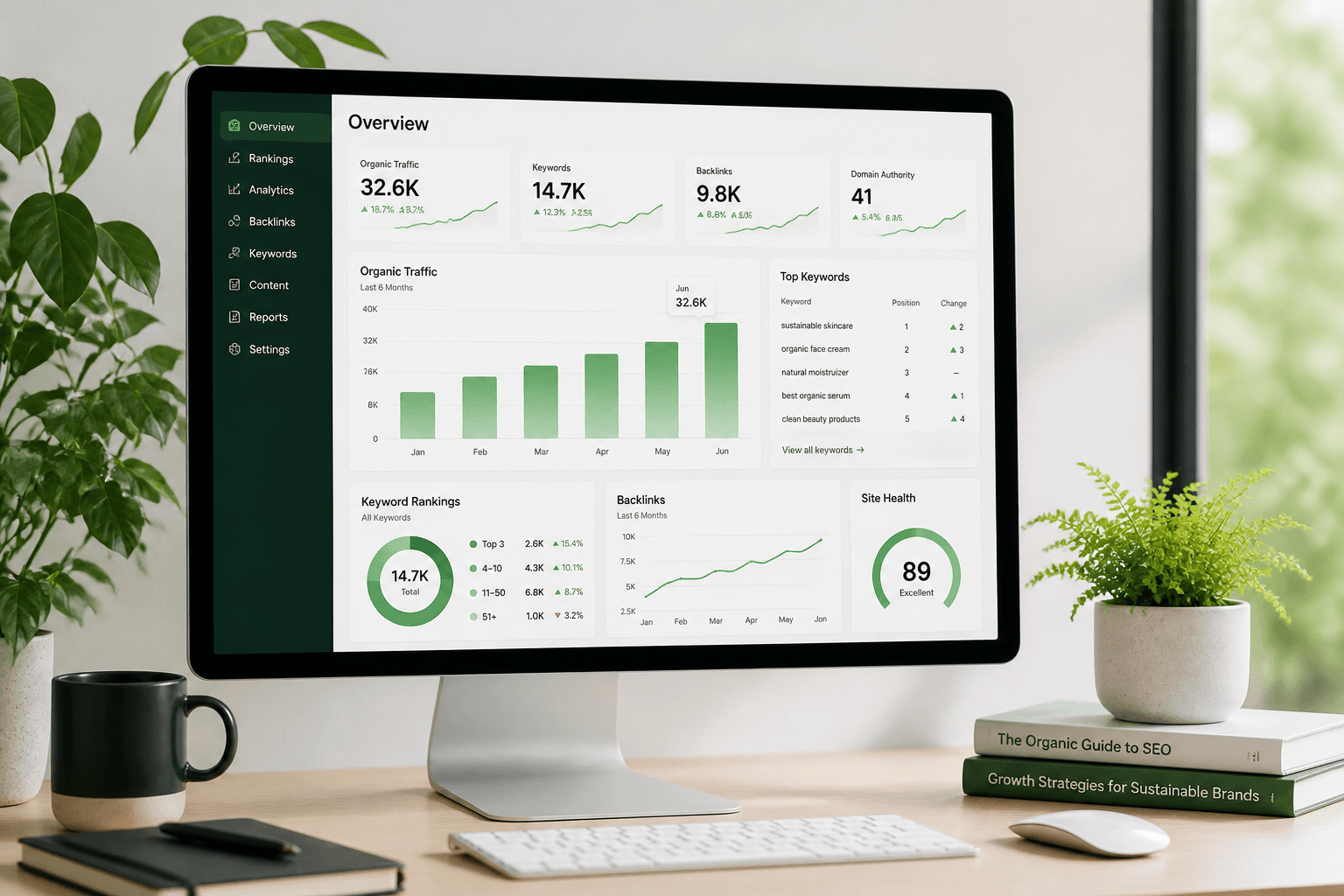 Organic SEO growth analytics on a modern workstation